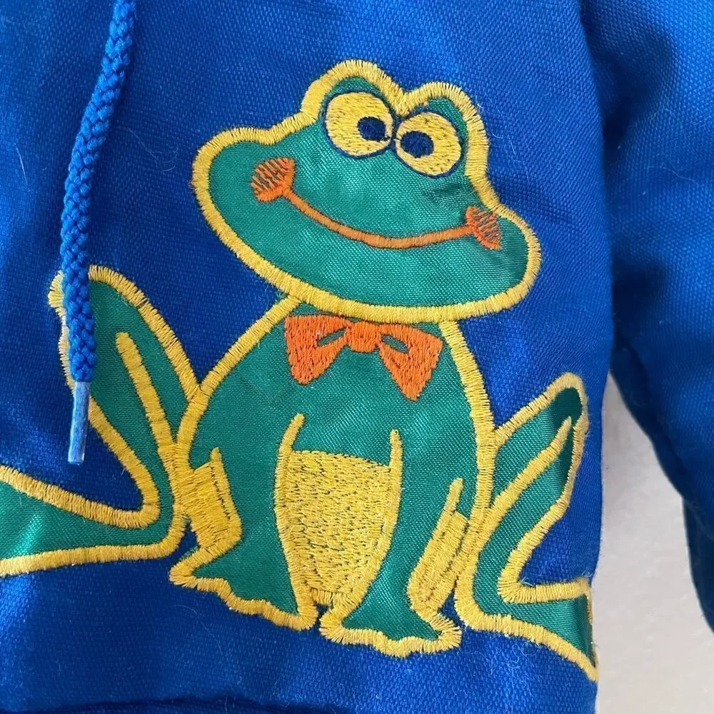 Kids Vintage 80’s Embroidered Frog Blue Hooded Fur lined Zip up Coat 12 mths